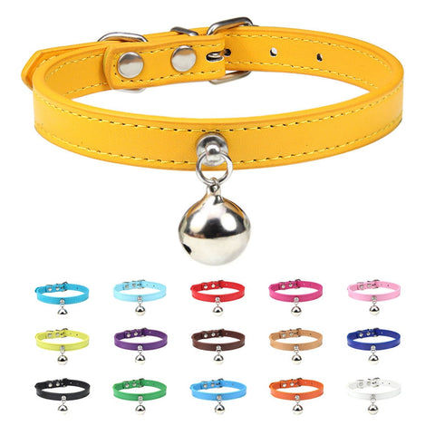 16 Colors Solid Leather Cat Collar With Bell Puppy Neck Strap Safety Kitten Collars Chihuahua Necklace Cat Accessories XS/S/M